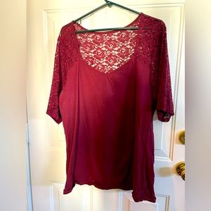 Burgundy Lace-Top 3/4 sleeve Torrid Blouse